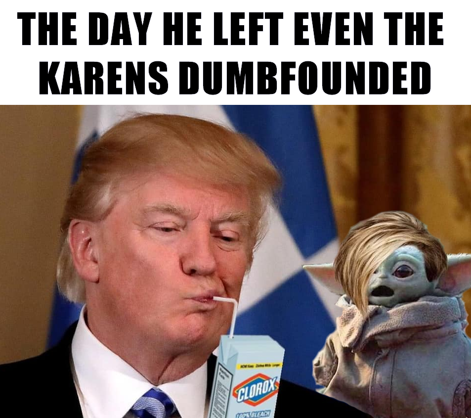 This meme features a photo of Donald Trump with a caption that reads "The day he left, even the Karens were disappointed". The image is likely a play on the phrase "even the Trump supporters were disappointed" and has been modified to include a character from the Star Wars franchise, "Baby Yoda", with a hairstyle that resembles a "Karen" (a slang term for a certain type of entitled or annoying person). The image is likely humorous and ironic, implying that even the most loyal Trump supporters were disappointed by his departure.